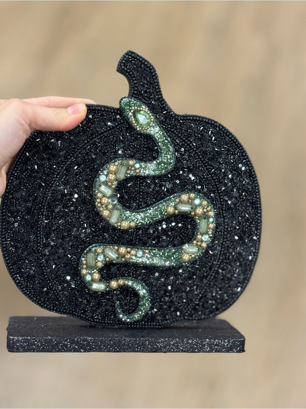 Embellished Black Pumpkin Clutch with Beaded Green Snake